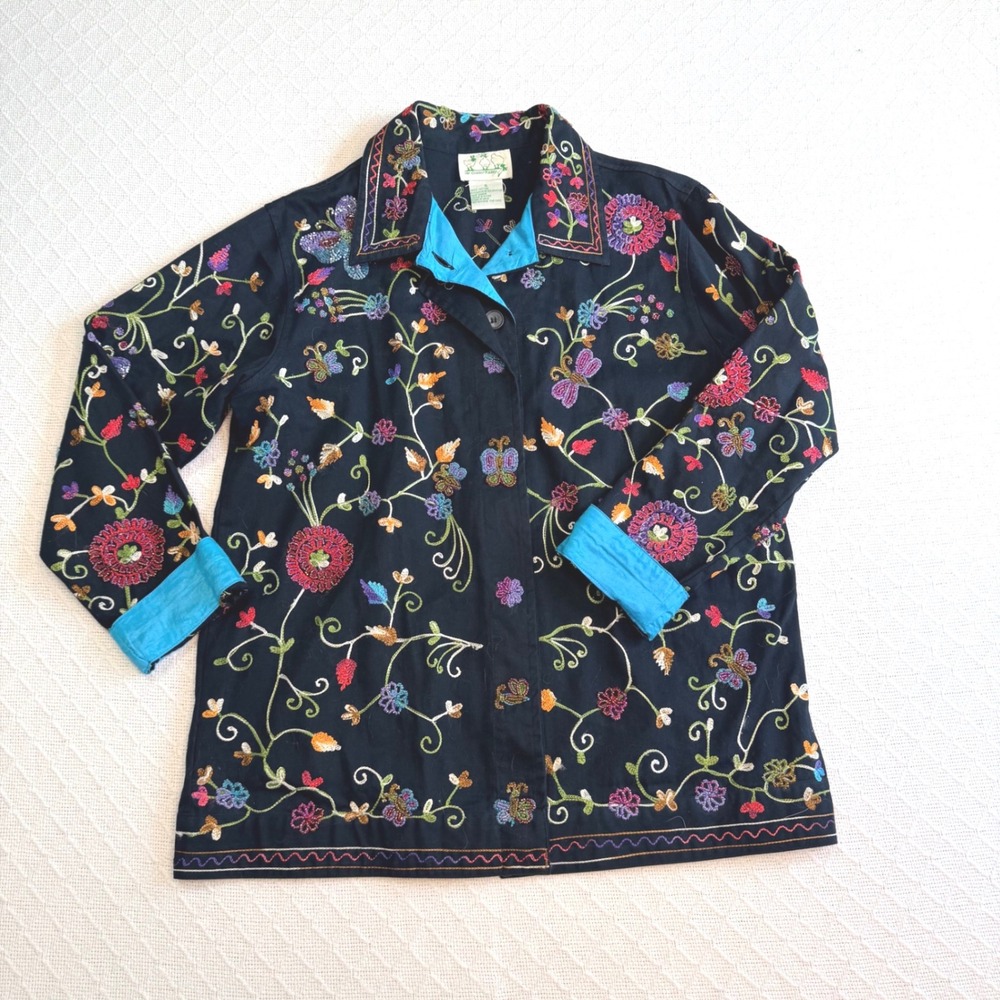 Vintage Quacker Factory Womens Beaded Butterfly Floral Cotton Shirt A-67093